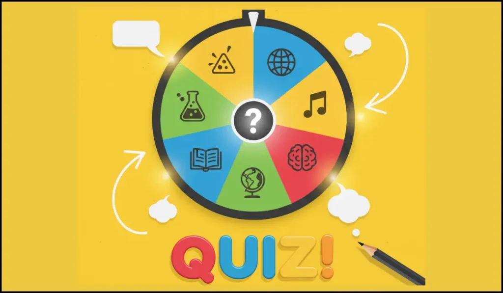 A colorful quiz wheel with category icons, a 'QUIZ!' text, speech bubbles, and a pencil on a bright yellow background.