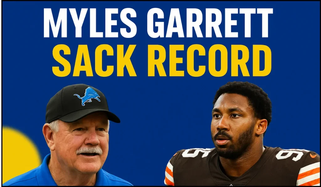Myles Garrett and Al Bubba Baker featured in a graphic about the NFL sack record chasehighlighting Garrett’s pursuit of the single-season record.